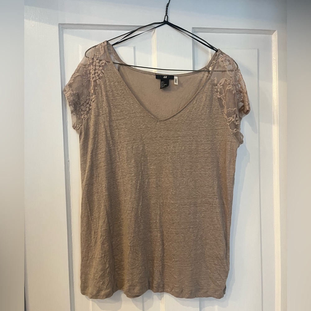 H&M Lace Shoulder V-Neck Women's Top — Taupe